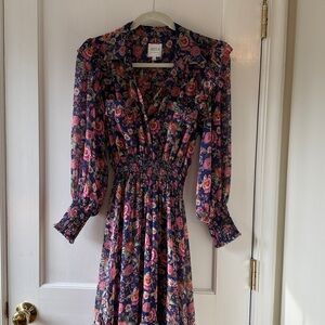 Misa Los Angeles navy floral midi dress XS asymmetrical flowy hem. EUC